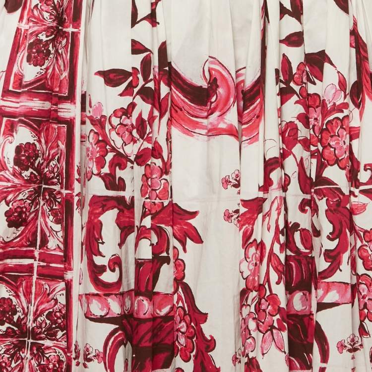 Pre Owned Dolce & Gabbana Pink Majolica Print Poplin Flared Midi Skirt M