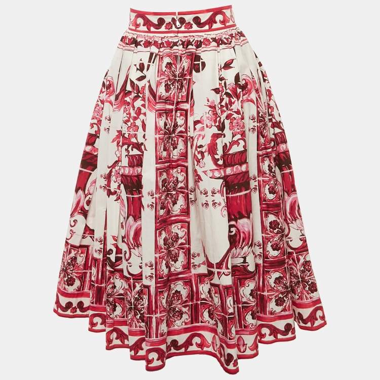 Pre Owned Dolce & Gabbana Pink Majolica Print Poplin Flared Midi Skirt M