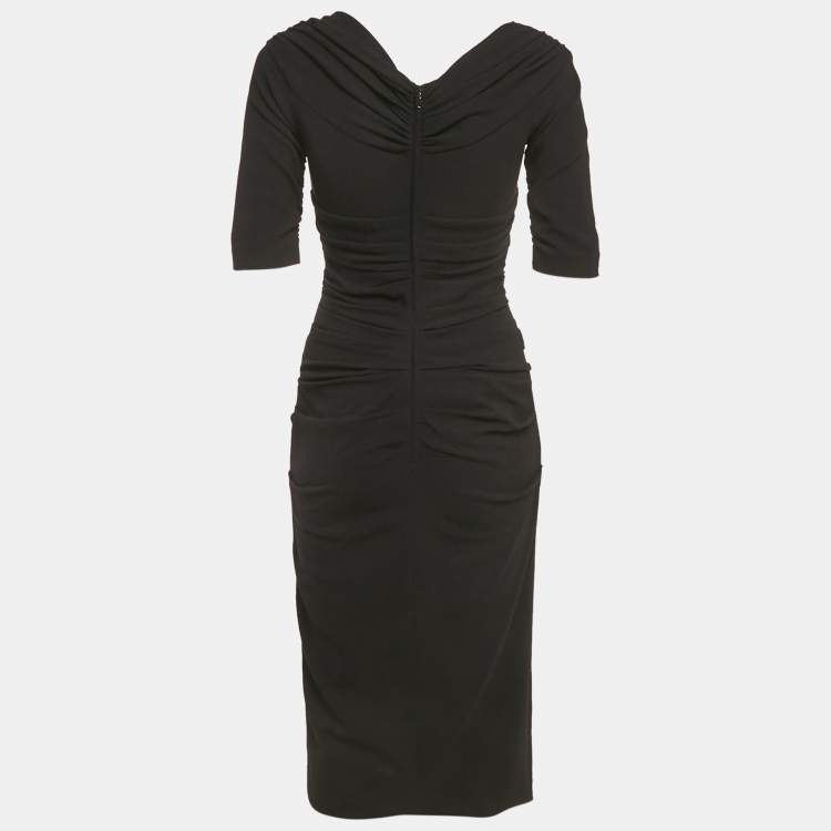 Pre Owned Dolce & Gabbana Black Stretch Crepe Wool Ruche Midi Dress S
