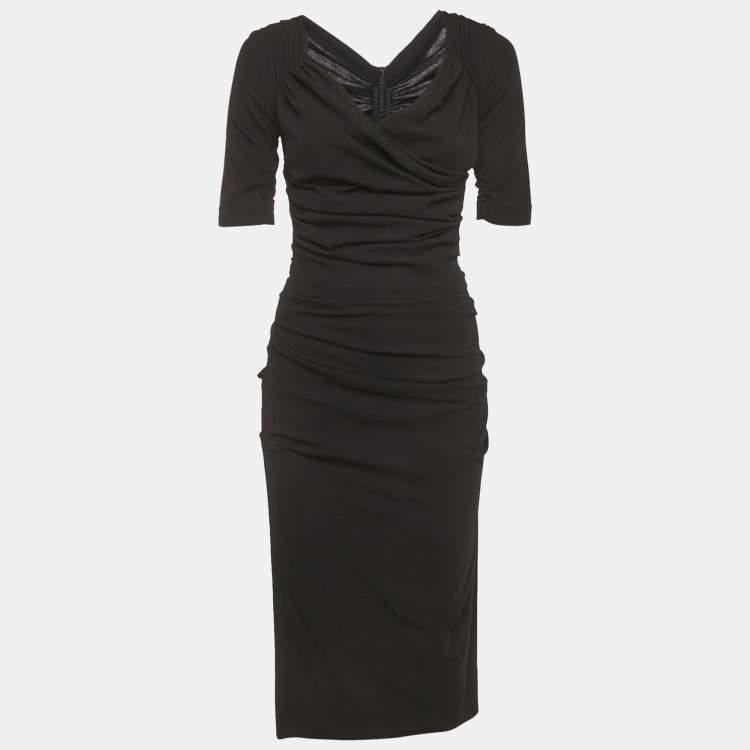 Pre Owned Dolce & Gabbana Black Stretch Crepe Wool Ruche Midi Dress S