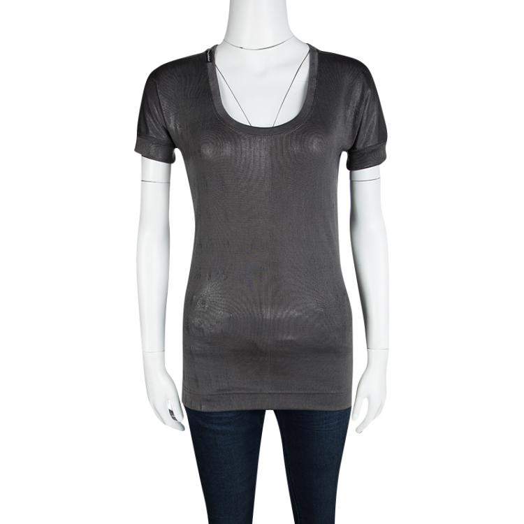 Pre Owned Dolce & Gabbana Metallic Grey Short Sleeve Stretch Top M