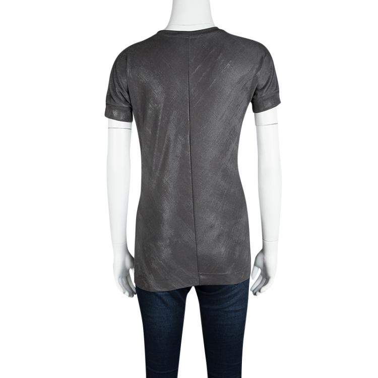 Pre Owned Dolce & Gabbana Metallic Grey Short Sleeve Stretch Top M