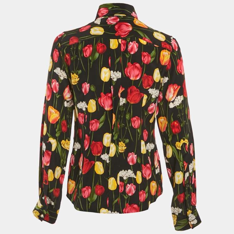 Pre Owned Dolce & Gabbana Black Tulip Print Silk Long sleeve Shirt S