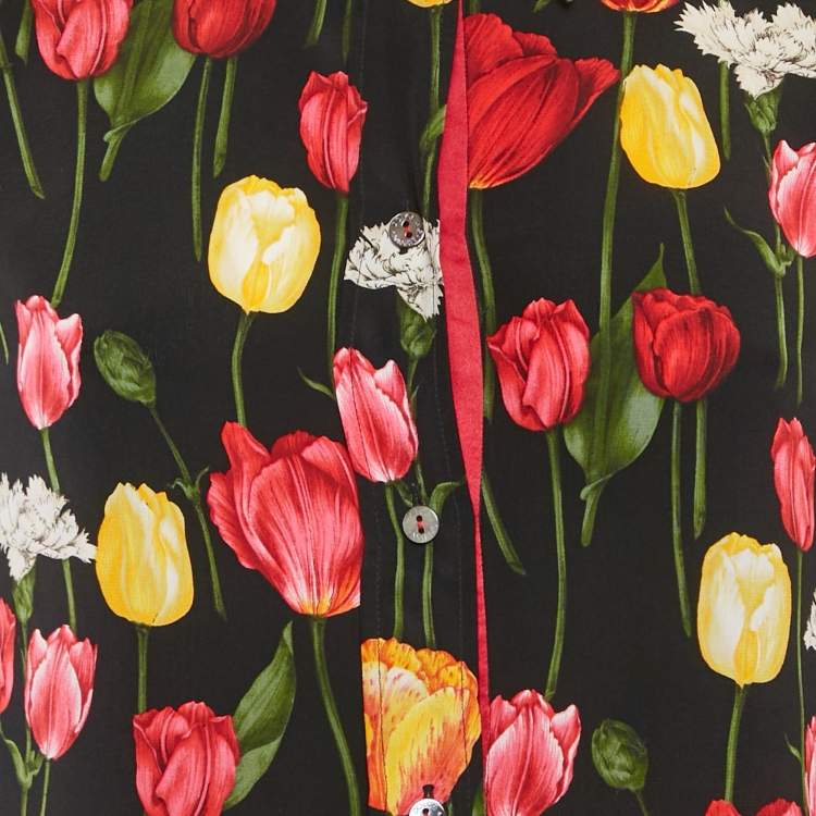 Pre Owned Dolce & Gabbana Black Tulip Print Silk Long sleeve Shirt S
