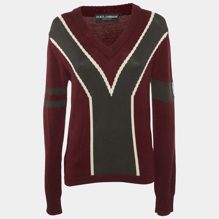 Pre Owned Dolce & Gabbana Red Intarsia Wool Knit V-Neck Sweater L