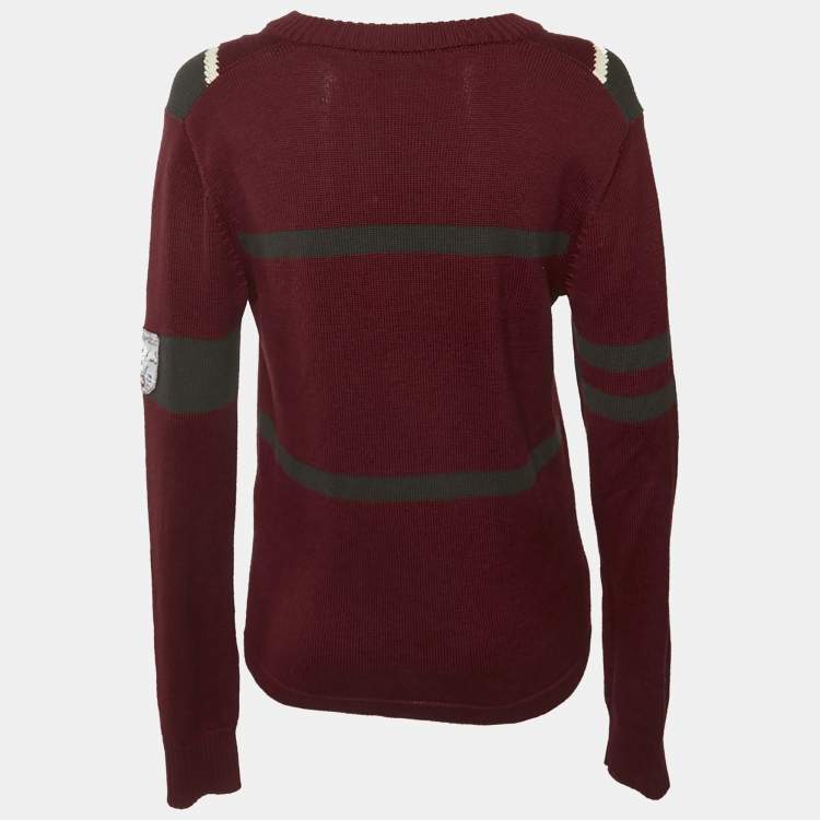 Pre Owned Dolce & Gabbana Red Intarsia Wool Knit V-Neck Sweater L