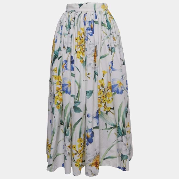 Pre Owned Dolce & Gabbana Exclusive White Floral Print Poplin Gathered Midi Skirt M