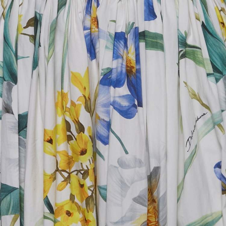 Pre Owned Dolce & Gabbana Exclusive White Floral Print Poplin Gathered Midi Skirt M