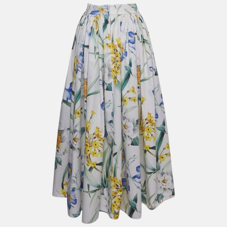 Pre Owned Dolce & Gabbana Exclusive White Floral Print Poplin Gathered Midi Skirt M