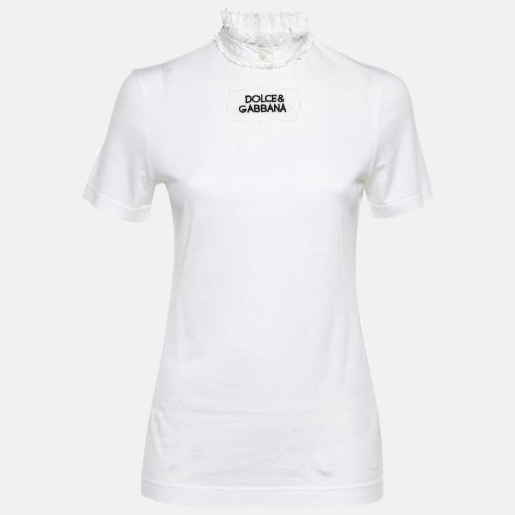 Pre Owned Dolce & Gabbana White Logo Cotton Ruffled Collar T-Shirt S