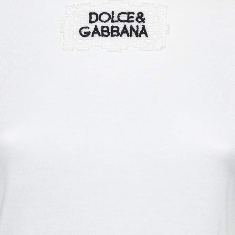 Pre Owned Dolce & Gabbana White Logo Cotton Ruffled Collar T-Shirt S