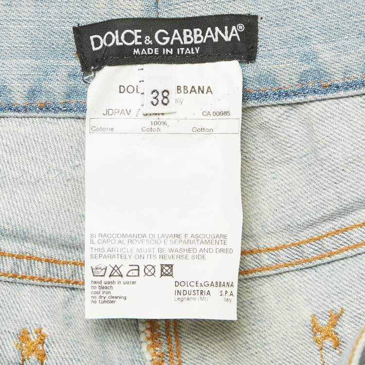 Pre Owned Dolce & Gabbana Blue Distressed Denim Rhinestone Detail Crop Jeans S Waist 29"