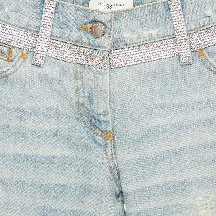 Pre Owned Dolce & Gabbana Blue Distressed Denim Rhinestone Detail Crop Jeans S Waist 29"