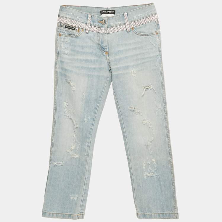 Pre Owned Dolce & Gabbana Blue Distressed Denim Rhinestone Detail Crop Jeans S Waist 29"