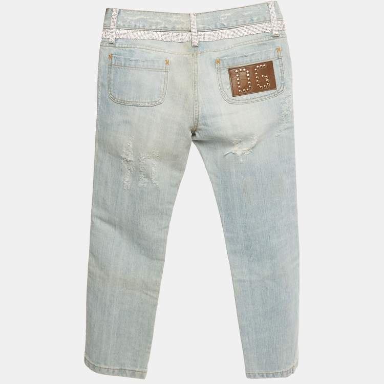 Pre Owned Dolce & Gabbana Blue Distressed Denim Rhinestone Detail Crop Jeans S Waist 29"