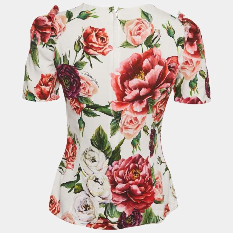 Pre Owned Dolce & Gabbana White Floral Print Crepe Ruffled Top S
