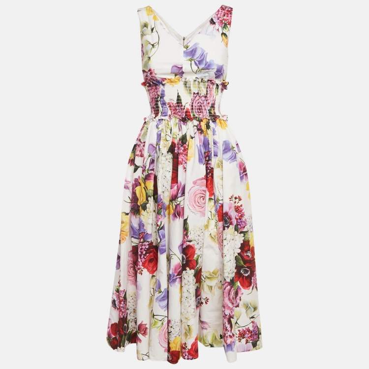 Pre Owned Dolce & Gabbana White Floral Print Cotton Smocked Sleeveless Midi Dress XS