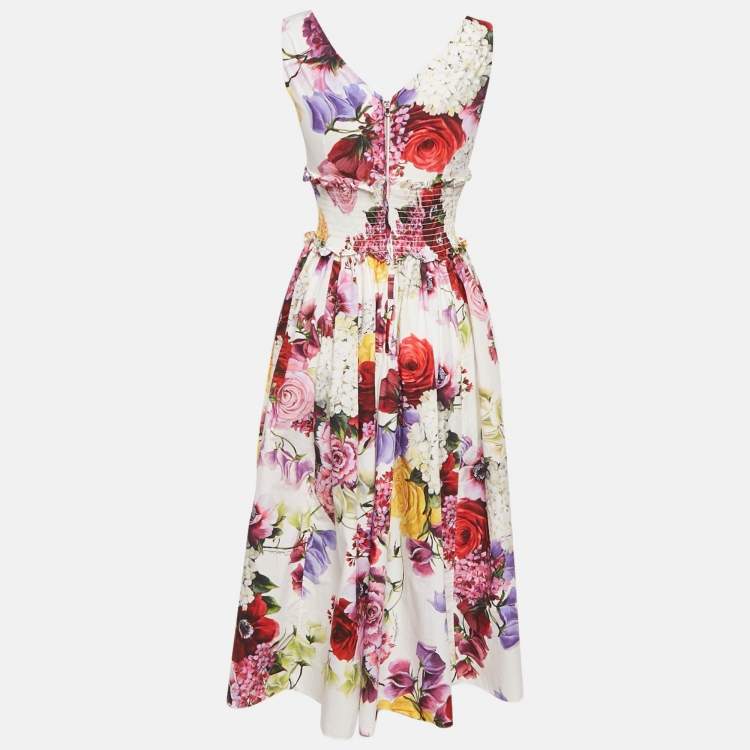 Pre Owned Dolce & Gabbana White Floral Print Cotton Smocked Sleeveless Midi Dress XS