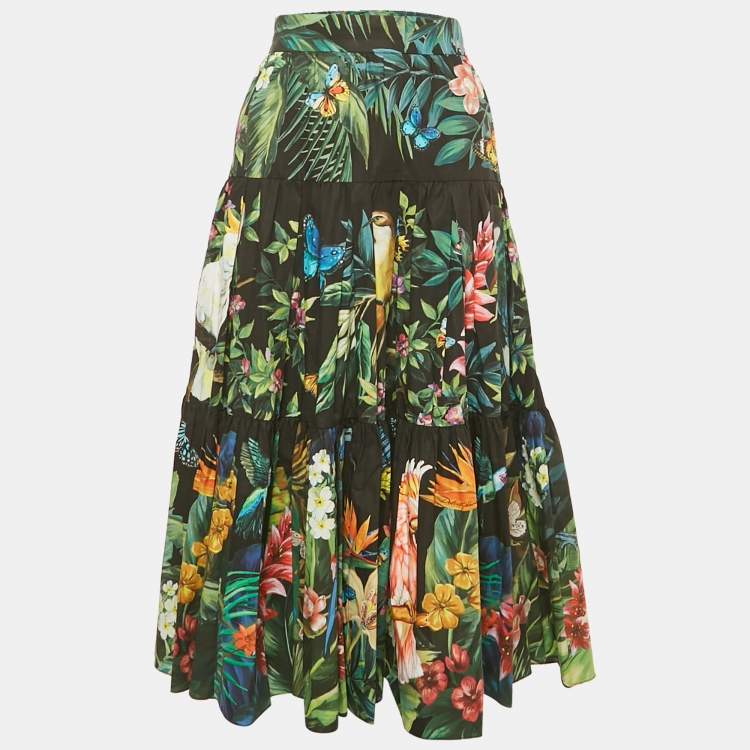 Pre Owned Dolce & Gabbana Black Tropical Print Poplin Tiered Midi Skirt S