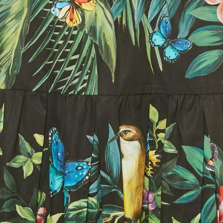 Pre Owned Dolce & Gabbana Black Tropical Print Poplin Tiered Midi Skirt S