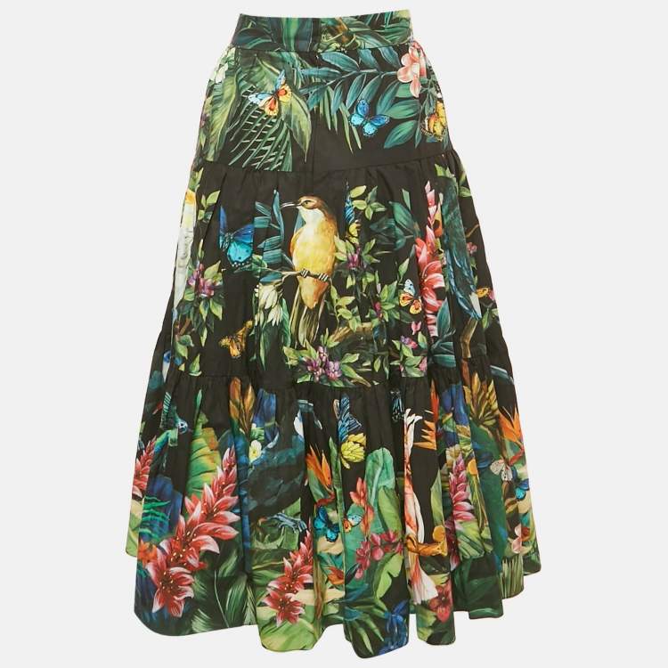Pre Owned Dolce & Gabbana Black Tropical Print Poplin Tiered Midi Skirt S