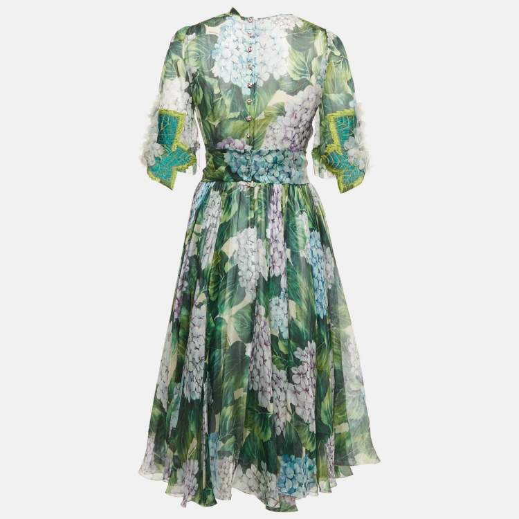 Pre Owned Dolce & Gabbana Green Hydrangea Print Organza Silk Midi Dress S