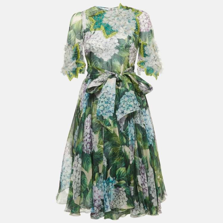 Pre Owned Dolce & Gabbana Green Hydrangea Print Organza Silk Midi Dress S