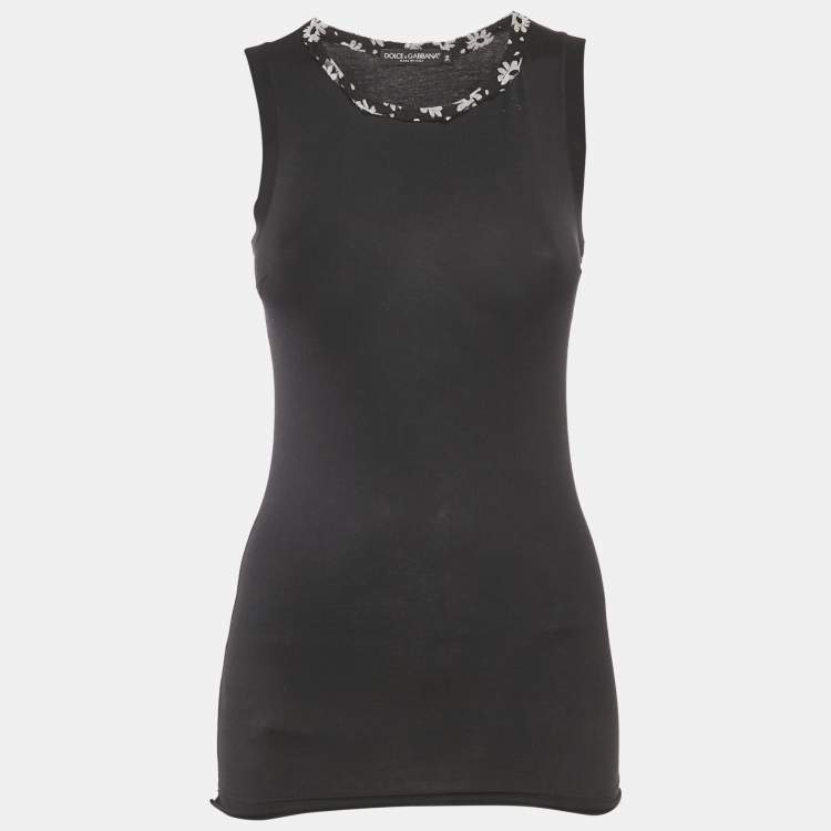 Pre Owned Dolce & Gabbana Black Floral Silk Trim Jersey Sleeveless Top XS