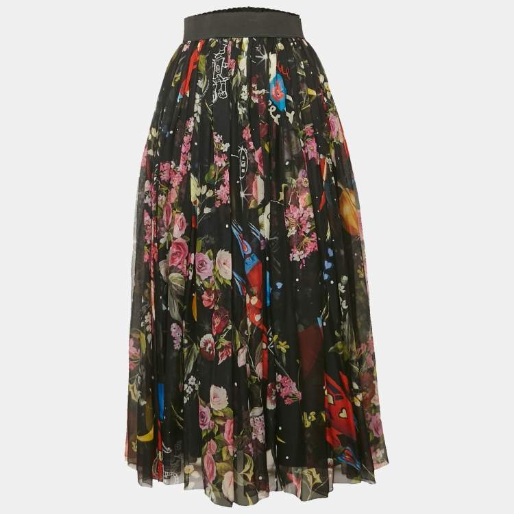 Pre Owned Dolce & Gabbana Black Printed Silk Midi Skirt S