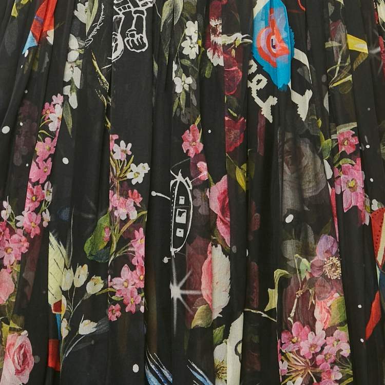 Pre Owned Dolce & Gabbana Black Printed Silk Midi Skirt S