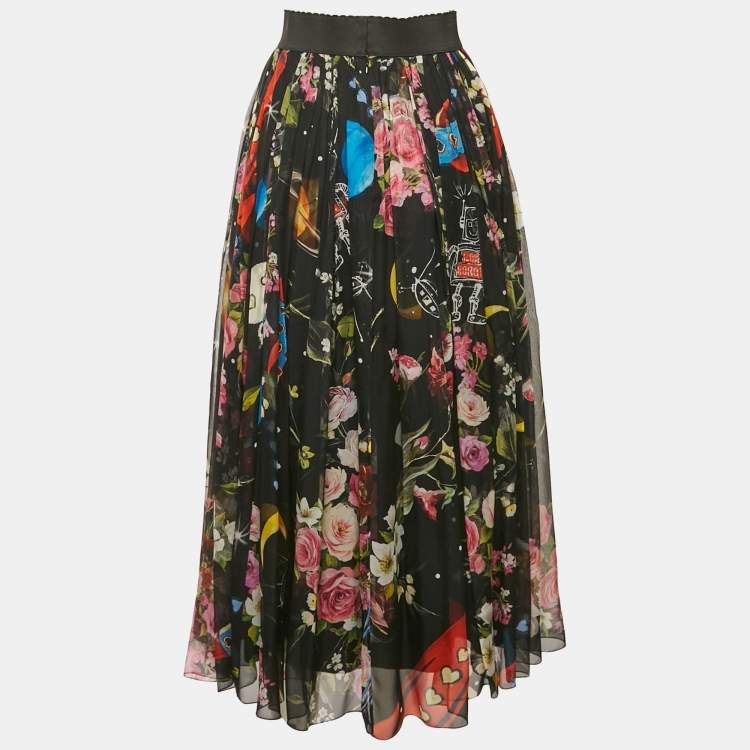 Pre Owned Dolce & Gabbana Black Printed Silk Midi Skirt S