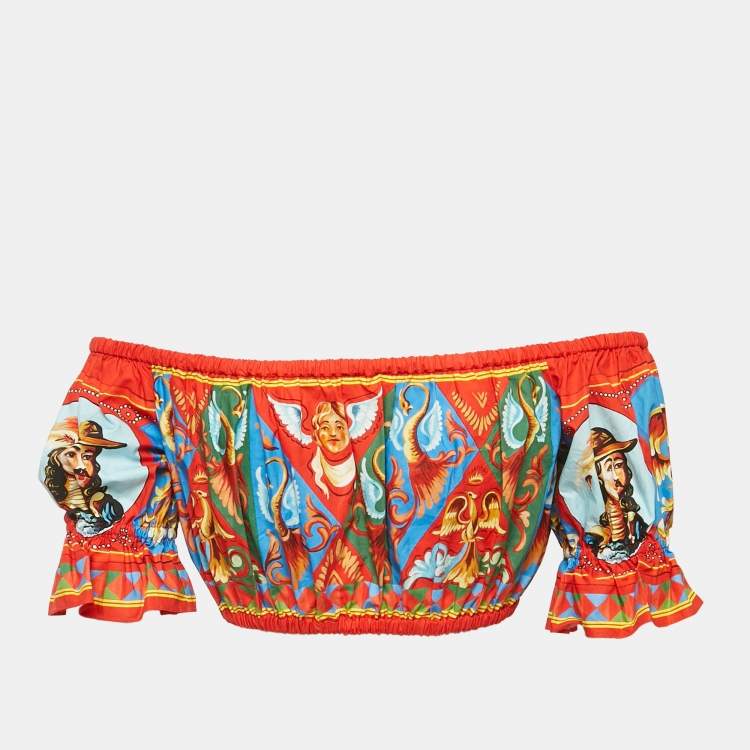 Pre Owned Dolce & Gabbana Red/Blue Carretto Print Cotton Crop Top S