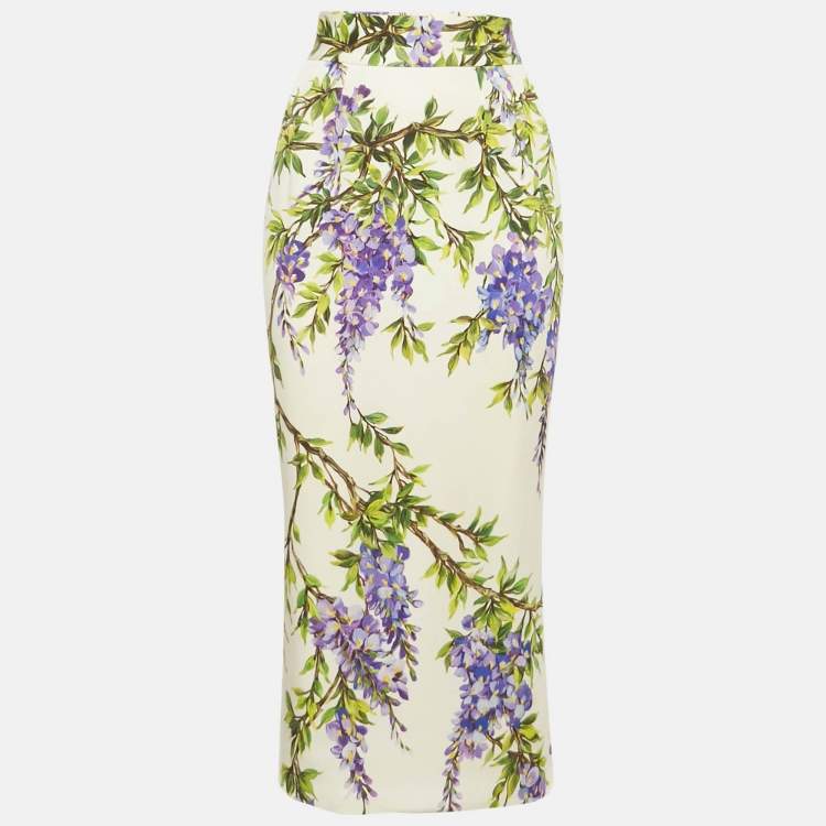 Pre Owned Dolce & Gabbana Off-White Floral Printed Silk Midi Skirt S