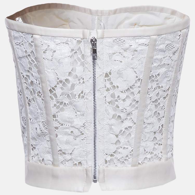 Pre Owned Dolce & Gabbana Off-White Lace Strapless Corset Crop Top S
