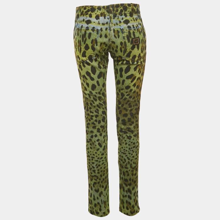 Pre Owned Dolce & Gabbana Green Leopard Print Denim Jeans M Waist 30"