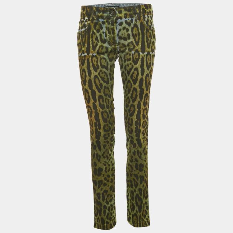 Pre Owned Dolce & Gabbana Green Leopard Print Denim Jeans M Waist 30"