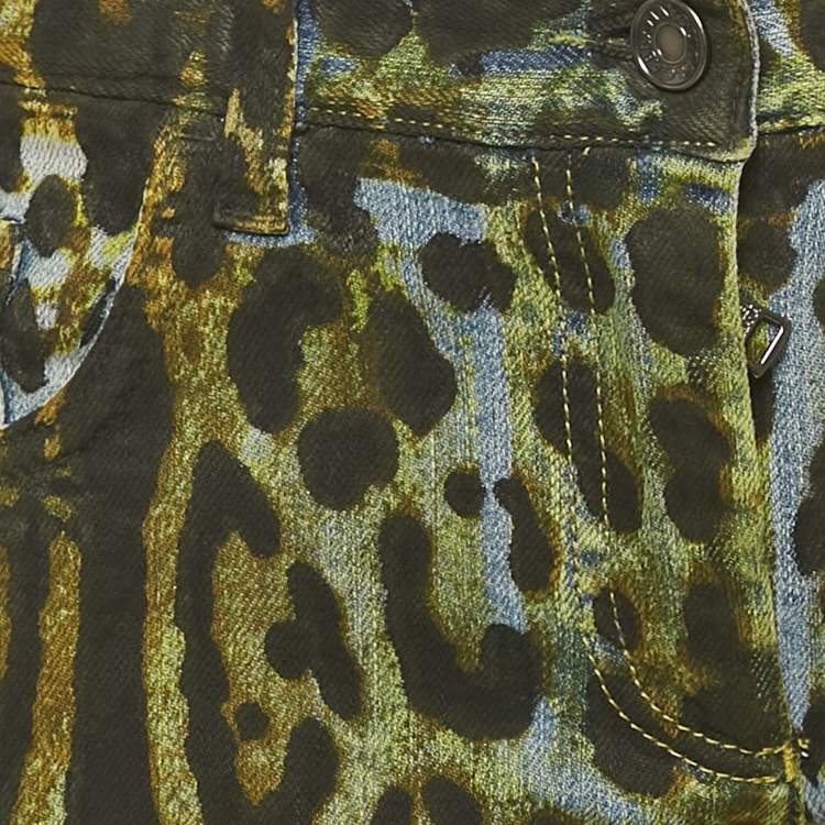 Pre Owned Dolce & Gabbana Green Leopard Print Denim Jeans M Waist 30"