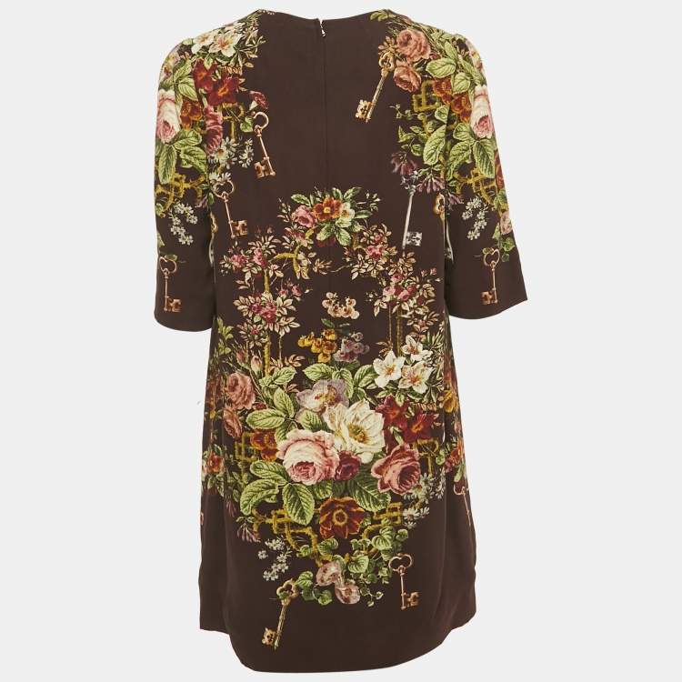 Pre Owned Dolce & Gabbana Burgundy Floral Print Crepe Short Dress L