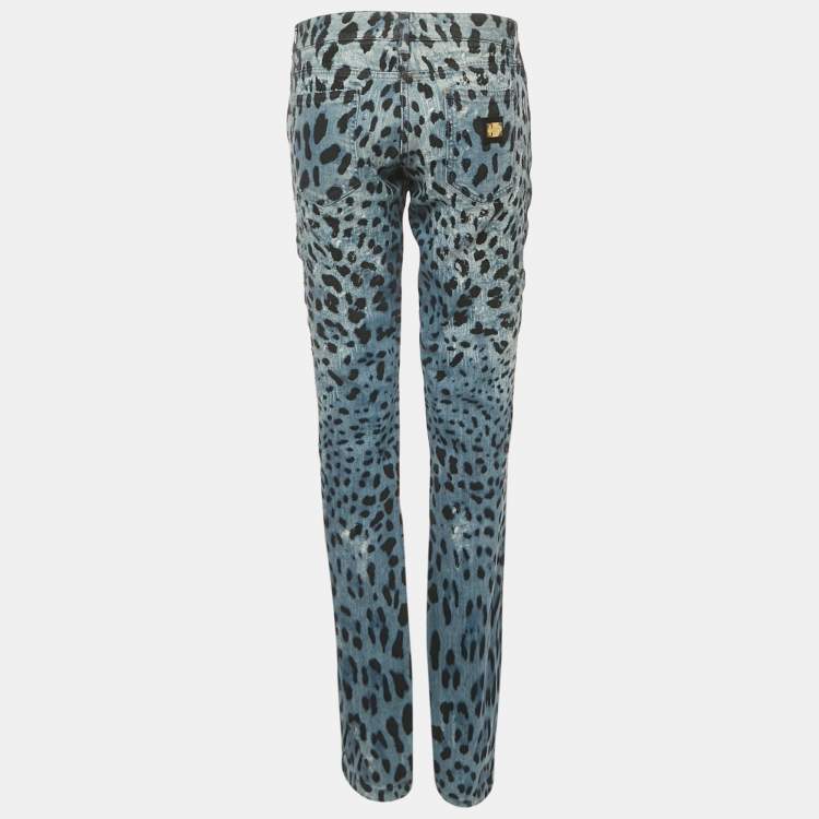 Pre Owned Dolce & Gabbana Blue Leopard Print Denim Distressed Jeans L Waist 34"