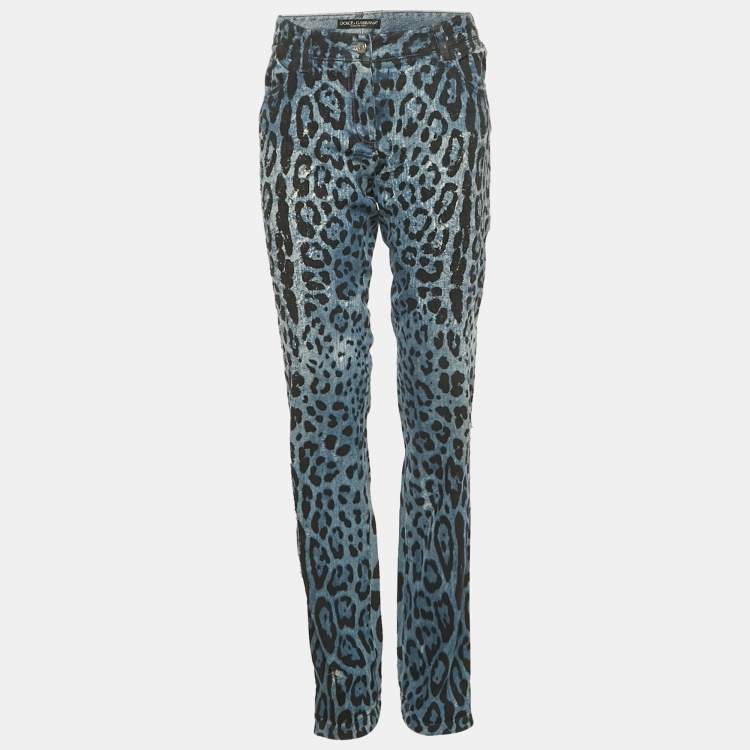 Pre Owned Dolce & Gabbana Blue Leopard Print Denim Distressed Jeans L Waist 34"