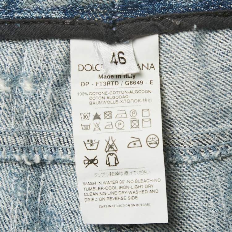 Pre Owned Dolce & Gabbana Blue Leopard Print Denim Distressed Jeans L Waist 34"