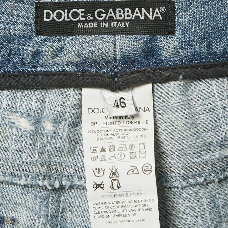 Pre Owned Dolce & Gabbana Blue Leopard Print Denim Distressed Jeans L Waist 34"