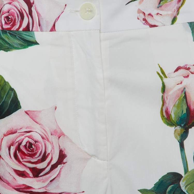 Pre Owned Dolce & Gabbana White Rose Printed Cotton Parallel Pants M