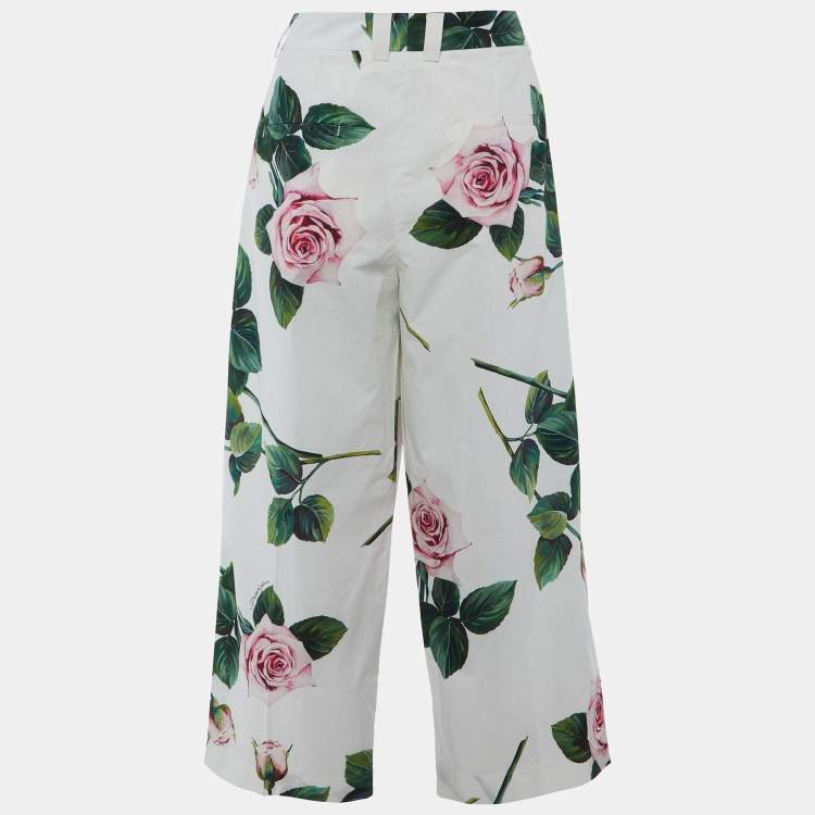 Pre Owned Dolce & Gabbana White Rose Printed Cotton Parallel Pants M