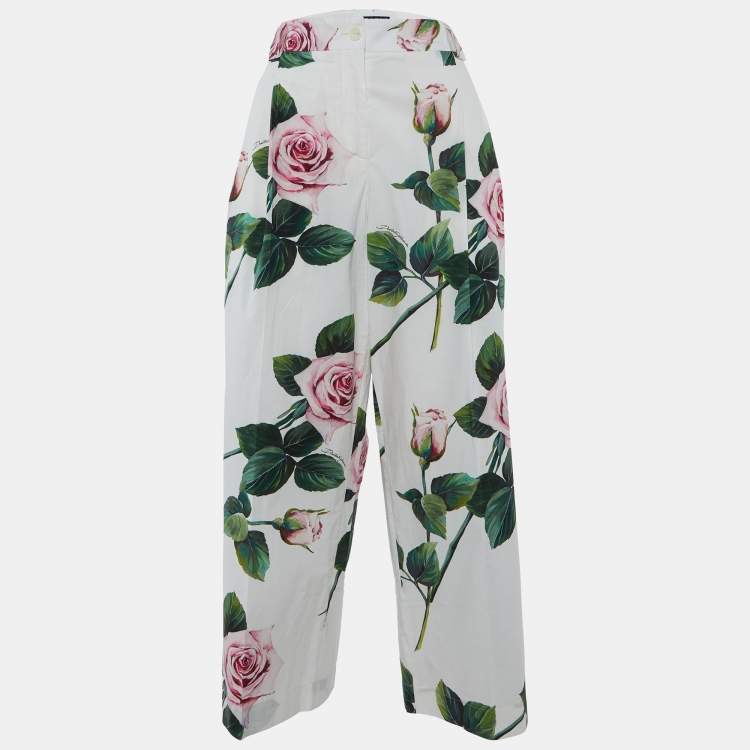 Pre Owned Dolce & Gabbana White Rose Printed Cotton Parallel Pants M