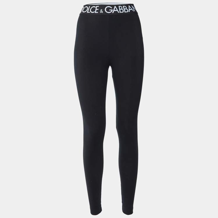 Pre Owned Dolce & Gabbana Black Stretch Cotton Logo Elastic Waist Detail Leggings S