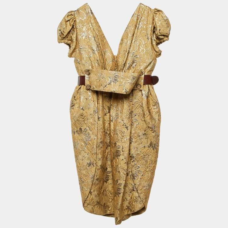 Pre Owned Dolce & Gabbana Gold Brocade Belt Detail Midi Dress M