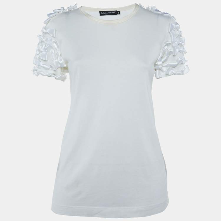 مملوكة مسبقًا Dolce & Gabbana White Cotton Knit Bow Detail T-Shirt L