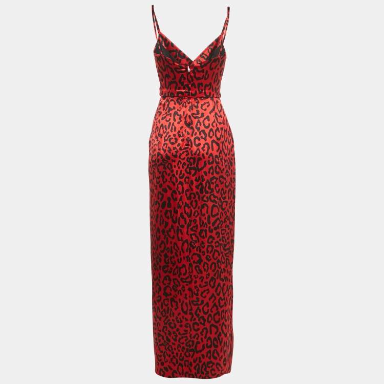 Pre Owned Dolce & Gabbana Red Leopard Print Silk Draped Sleeveless Maxi Dress S