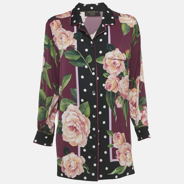Pre Owned Dolce & Gabbana Burgundy Camellia Print Silk Full sleeve Blouse M  